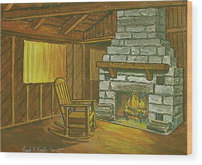 Cozy Fireplace Lake Hope Chimney Chair Yellow Curtains. Wood Print featuring the painting Cozy Fireplace at Lake Hope Ohio by Frank Hunter