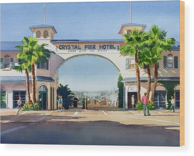 Pacific Wood Print featuring the painting Crystal Pier Pacific Beach by Mary Helmreich