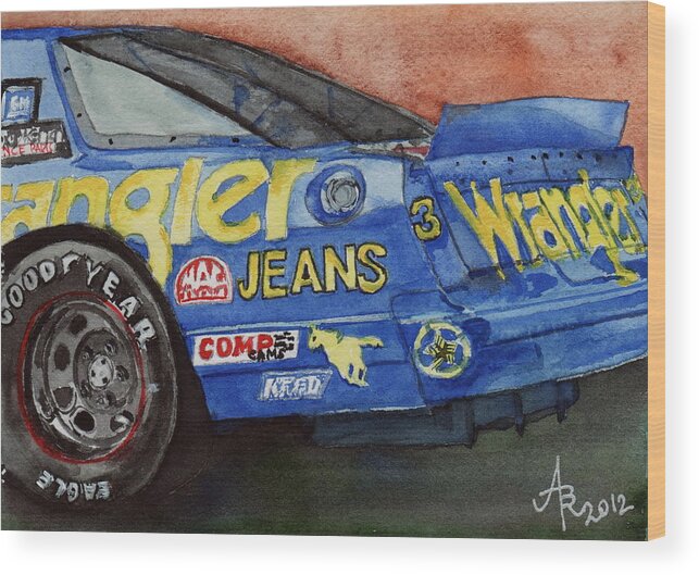 Blue Wood Print featuring the painting Dale Earnhardt's 1987 Chevrolet Monte Carlo Aerocoupe No. 3 Wrangler by Anna Ruzsan