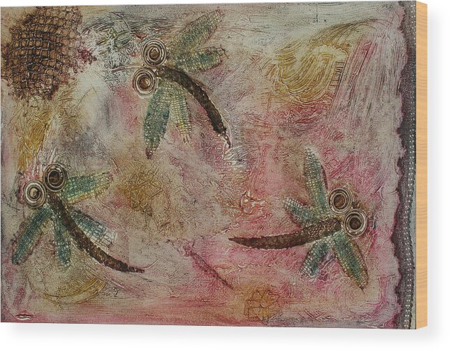 Dragonfly Wood Print featuring the painting Rustic Dragonflies Pinks by Lyndsey Hatchwell