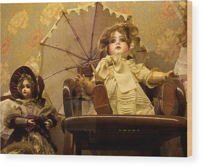 Vintage Doll Wood Print featuring the photograph Antique Doll in Chair with Parasol by Venetia Featherstone-Witty