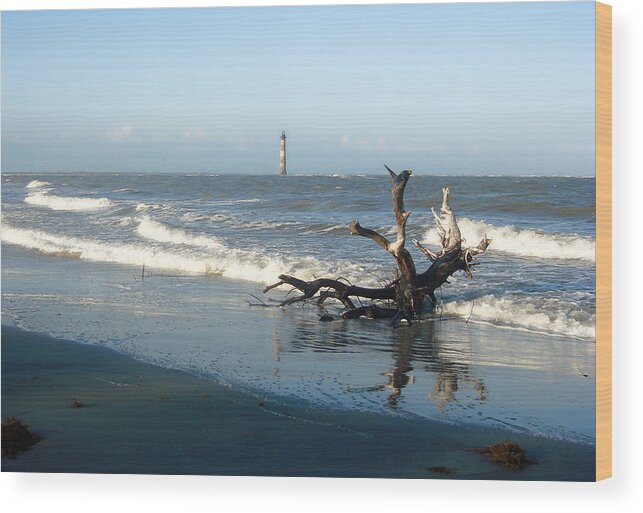 Driftwood Wood Print featuring the photograph Driftwood and Morris Island Lighthouse by Ellen Tully