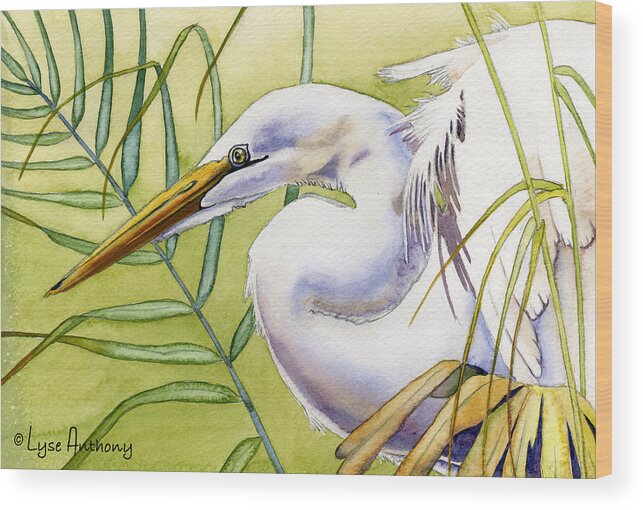 Watercolor Wood Print featuring the painting Egret by Lyse Anthony