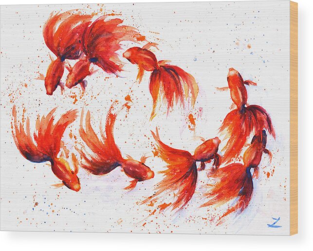 Eight Wood Print featuring the painting Eight Dancing Goldfish by Zaira Dzhaubaeva