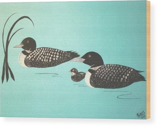 Loon Wood Print featuring the painting Family of Three by Cindy Micklos