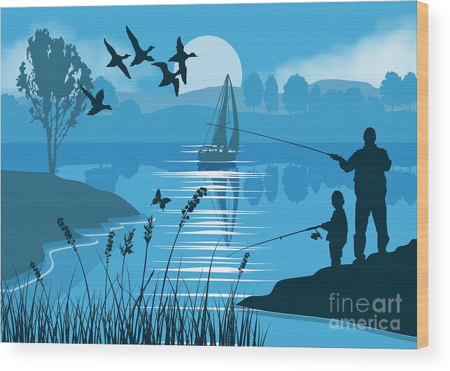 Landscape Wood Print featuring the painting Father And Son Fishing by Tim Gilliland