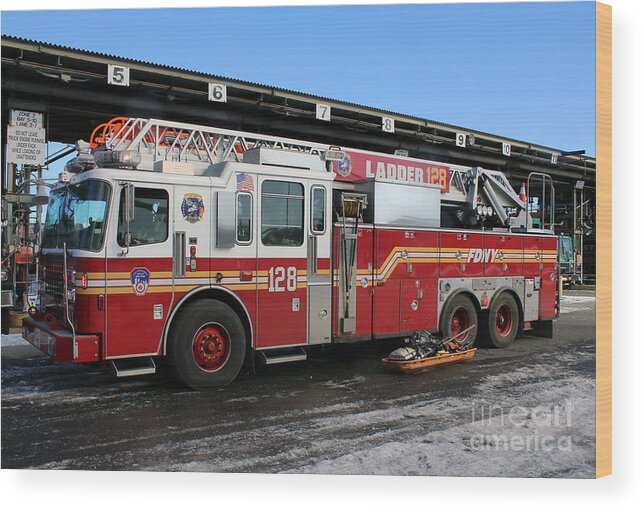 Fdny Wood Print featuring the photograph FDNY Ladder 128 at 7 Alarm Fire by Steven Spak
