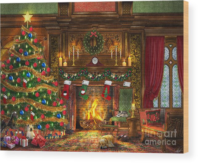 Dominic Davison Wood Print featuring the digital art Festive Fireplace by MGL Meiklejohn Graphics Licensing