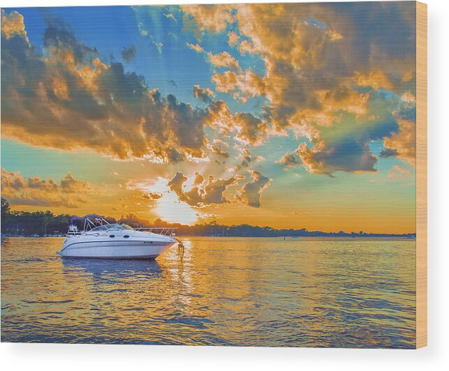 Sunset Wood Print featuring the photograph Fiery Sunset On Lake Minnetonka by Bill and Linda Tiepelman