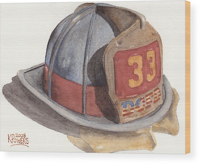 Fire Wood Print featuring the painting Firefighter Helmet With Melted Visor by Ken Powers