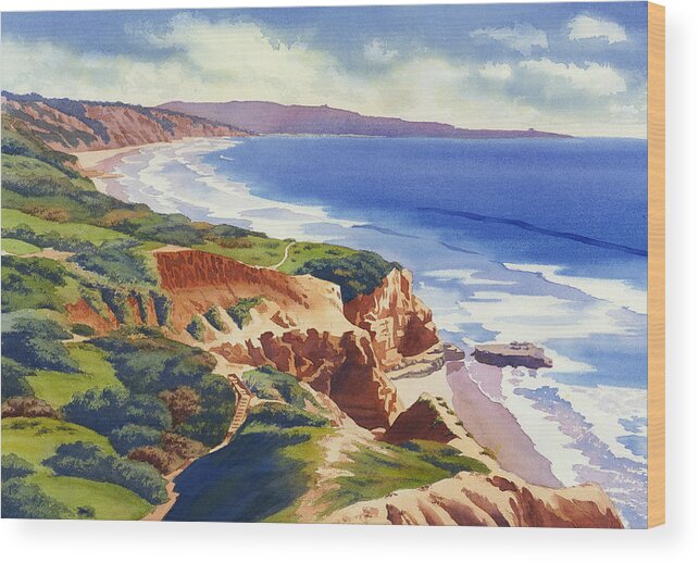 Rock Wood Print featuring the painting Flat Rock and Bluffs at Torrey Pines by Mary Helmreich