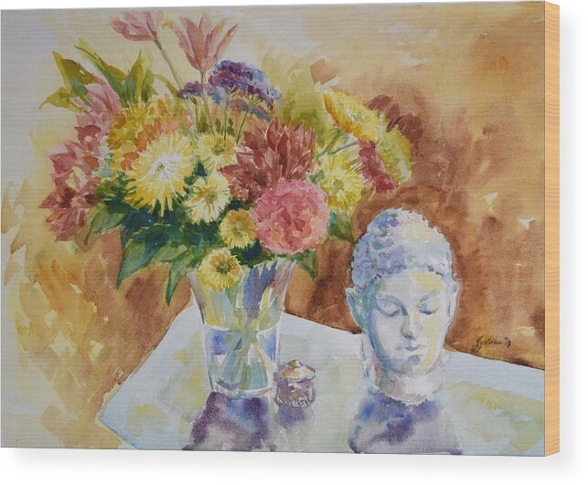 Still Life Wood Print featuring the painting Flower Vase with Buddha by Jyotika Shroff