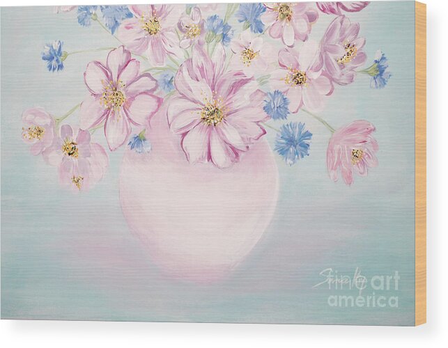Flowers In A Vase Wood Print featuring the painting Flowers in a vase. Delicate blue by Oksana Semenchenko