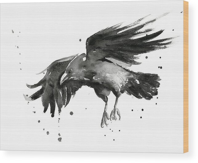 Raven Wood Print featuring the painting Flying Raven Watercolor by Olga Shvartsur