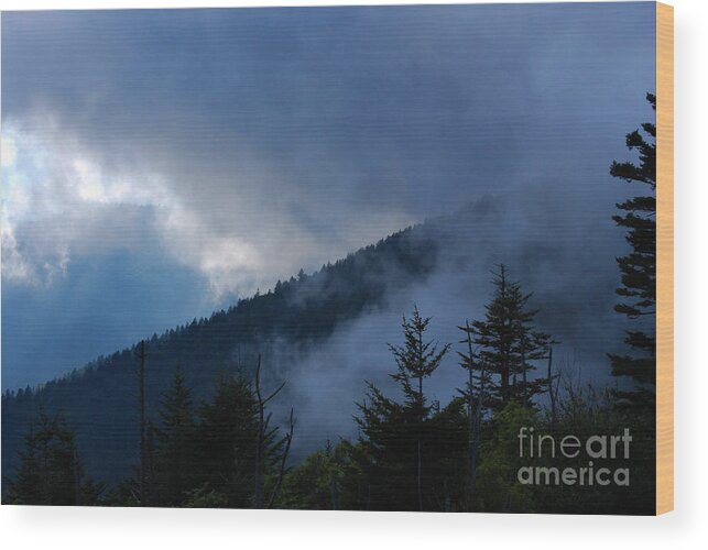 Fog Wood Print featuring the photograph Fog Rolling Over Mountains by Nancy Mueller