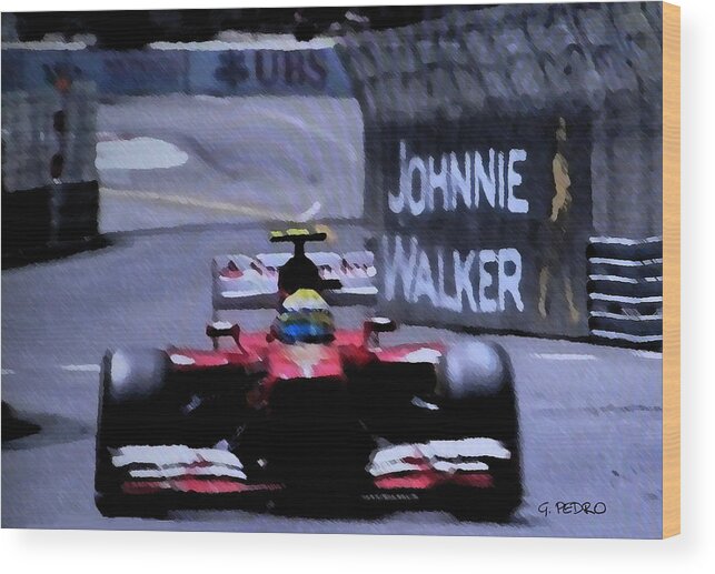 Lotus Wood Print featuring the painting Formula 1 Racer Passes a Johnnie Walker Sign by George Pedro
