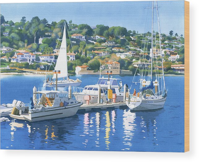 Point Loma Wood Print featuring the painting Fuel Dock Shelter Island San Diego by Mary Helmreich