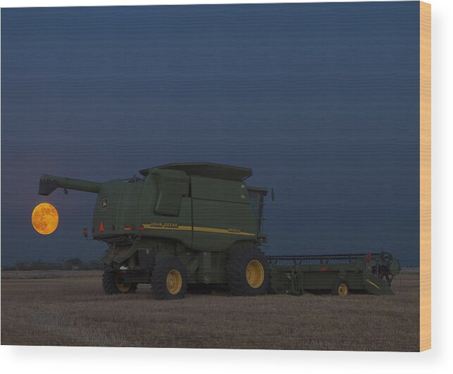 Kansas Wood Print featuring the photograph Full moon and combine by Rob Graham