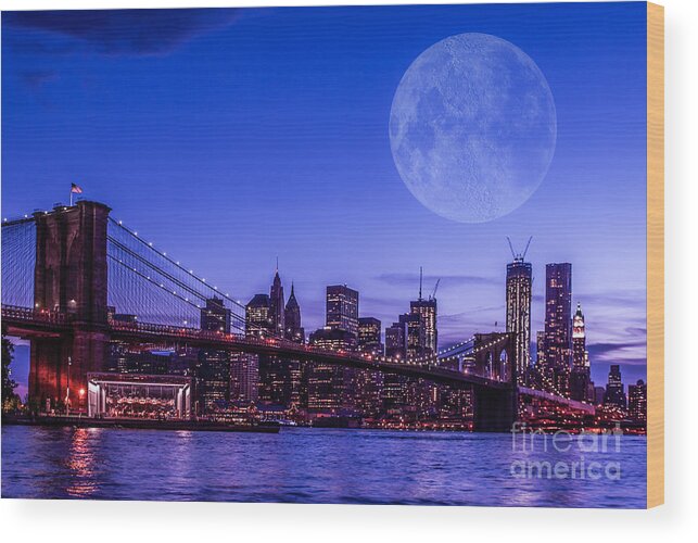 Nyc Wood Print featuring the photograph Full moon over Manhattan II by Hannes Cmarits
