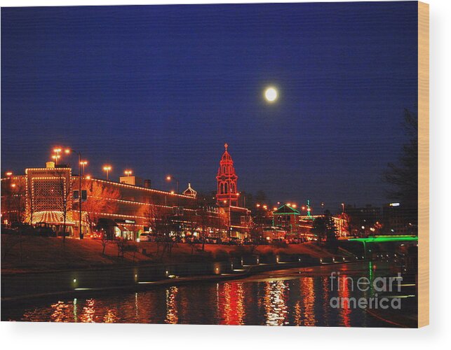 Kansas City Wood Print featuring the photograph Full Moon Over Plaza Lights in Kansas City by Catherine Sherman