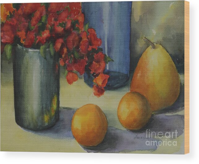 Pewter Vase Wood Print featuring the photograph Geraniums with Pear and Oranges by Maria Hunt