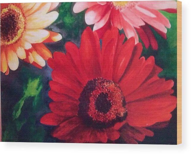Flower Wood Print featuring the painting Gerber Daisies in Bloom by Nancy Hanrath