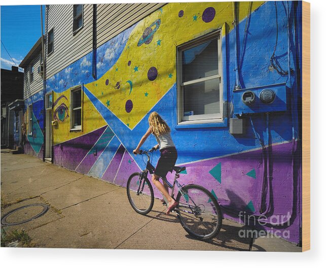 Allegheny County Wood Print featuring the photograph Girl Rides Bicycle Past Mural on the South Side of Pittsburgh by Amy Cicconi