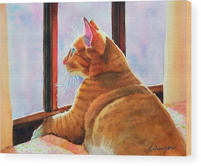 Cat Wood Print featuring the painting Gladys on a Floral Tablecloth by Rachel Armington