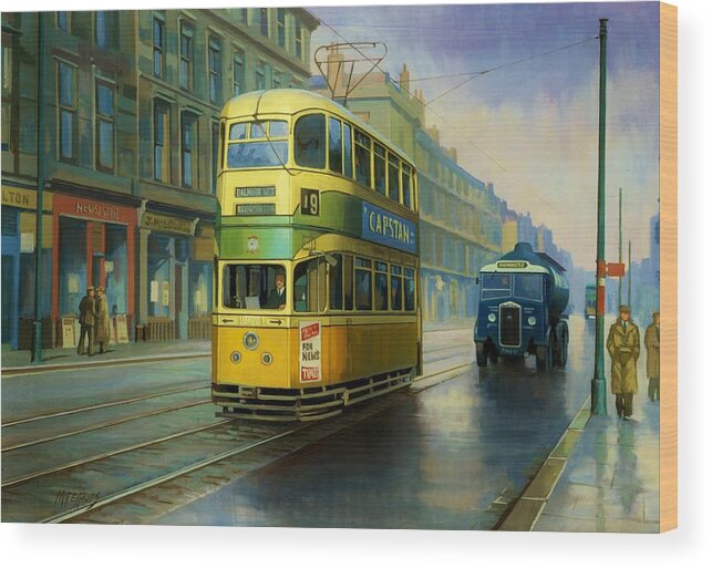 Transportation Wood Print featuring the painting Glasgow tram. by Mike Jeffries