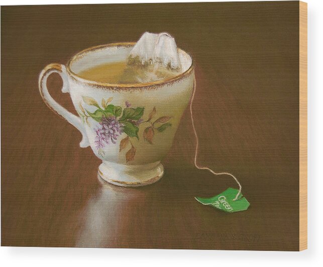 Teacup Wood Print featuring the painting Go Green Tea by Barbara Groff