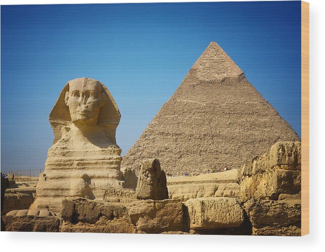 Statue Wood Print featuring the photograph Great Sphinx and Pyramid of Khafre by Pablo Charlón