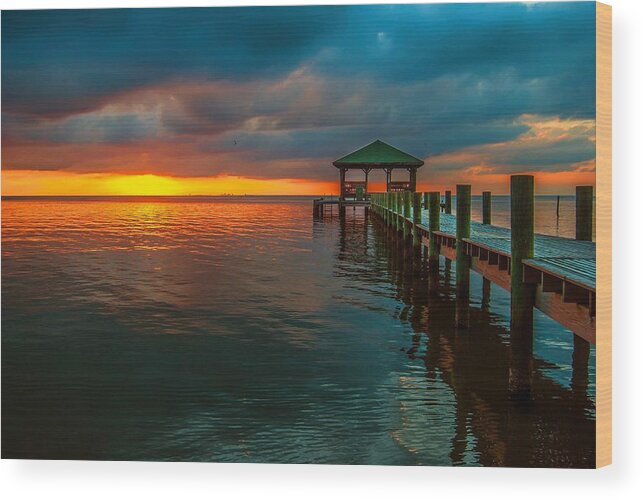 Palm Wood Print featuring the digital art Green Dock and Golden Sky by Michael Thomas