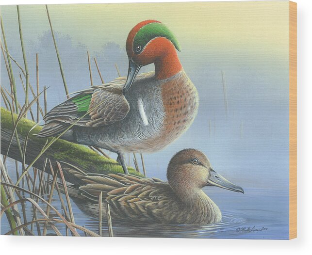 Green-winged Teal Ducks Wood Print featuring the painting Green-Winged Teal Ducks by Mike Brown