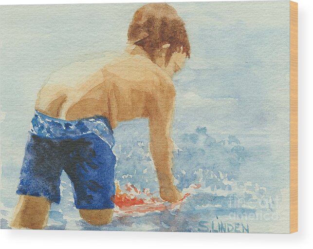 Portraits - Little Boy In Surf Wood Print featuring the painting Half Moon by Sandy Linden