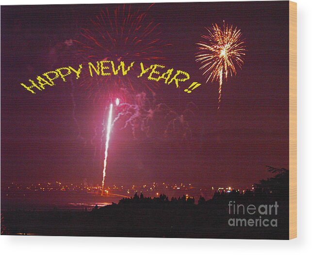 Fire Works Wood Print featuring the photograph happy New Year fireworks by Gary Brandes