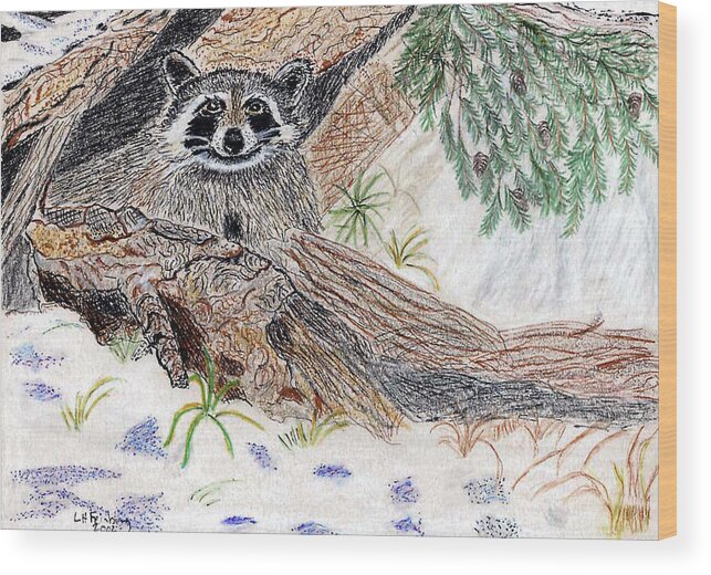 Raccoon Wood Print featuring the painting Happy Raccoon by Linda Feinberg