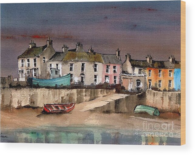 Val Byrne Wood Print featuring the painting Harbour Dusk Greystones Wicklow by Val Byrne