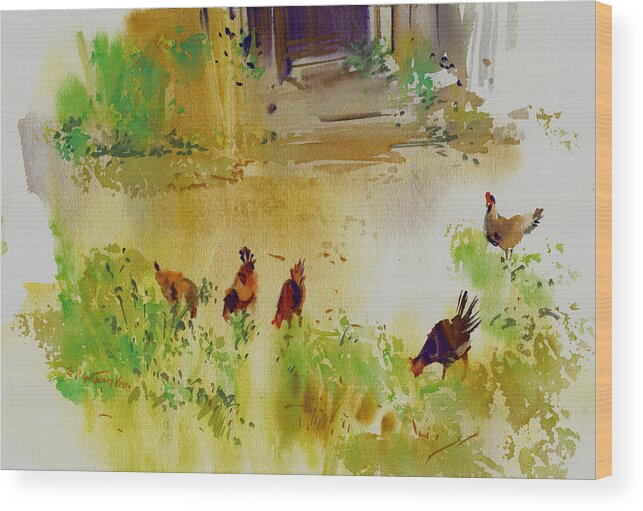 Chicks Wood Print featuring the painting Hen Pecked by P Anthony Visco