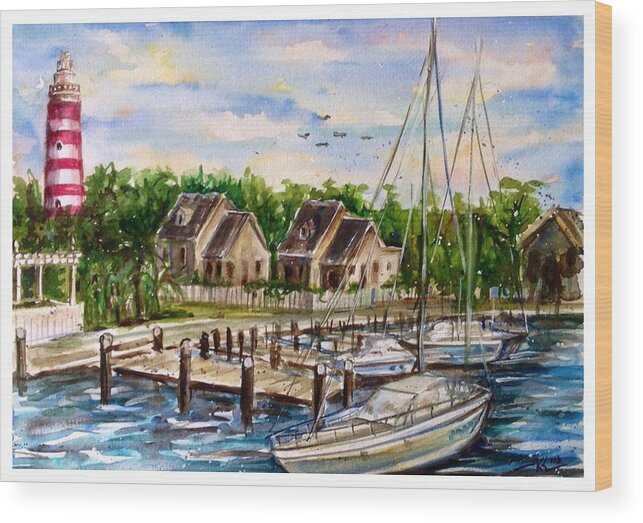 Lighthouse Wood Print featuring the painting Hope town by Katerina Kovatcheva