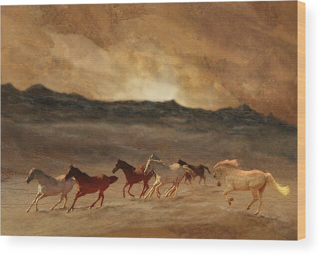 Golden Wood Print featuring the photograph Horses of Stone by Melinda Hughes-Berland