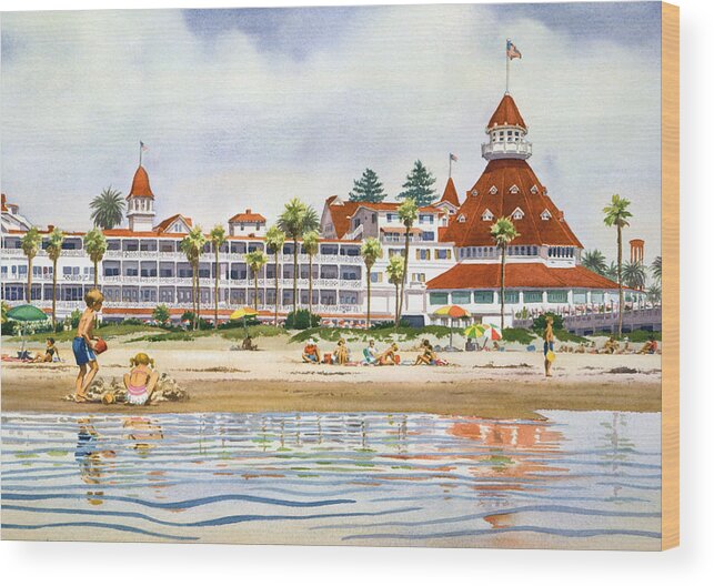 Coronado Wood Print featuring the painting Hotel Del Coronado from Ocean by Mary Helmreich