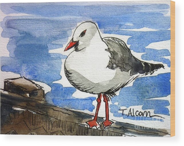 Seagull Wood Print featuring the painting Hungry Seagull - original Sold by Therese Alcorn