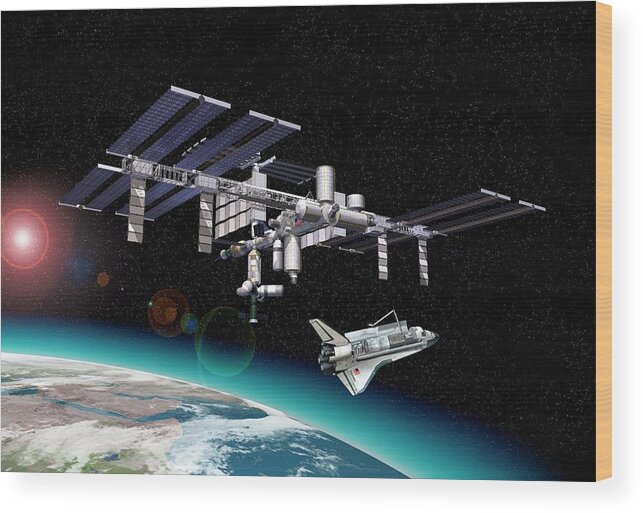 Artwork Wood Print featuring the photograph International Space Station And Shuttle by Leonello Calvetti/science Photo Library