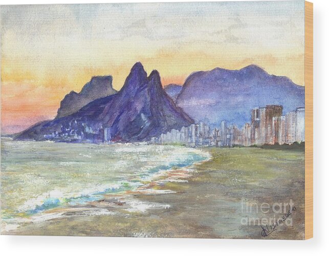 Beach Wood Print featuring the painting Sugarloaf Mountain and Ipanema Beach at Sunset Rio DeJaneiro Brazil by Carol Wisniewski