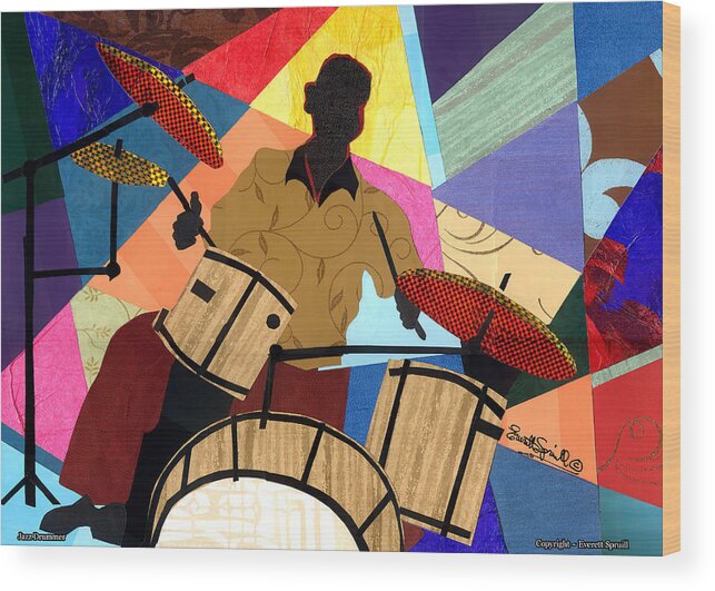 Everett Spruill Wood Print featuring the mixed media Jazzy Drummer by Everett Spruill