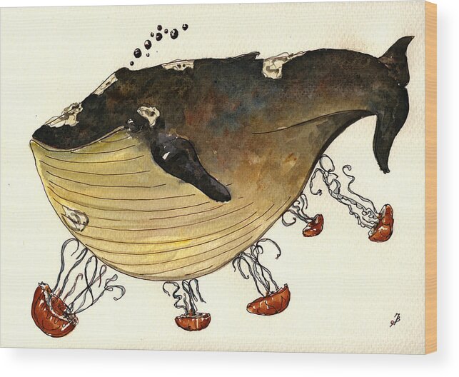 Jellyfish Wood Print featuring the painting Jellyfish tickling a whale by Juan Bosco