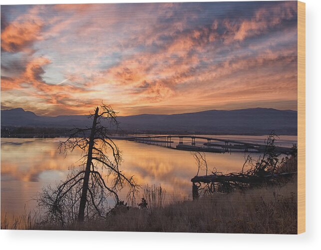 Kelowna Wood Print featuring the photograph Kelowna Bridge Sunrise by Allan Van Gasbeck