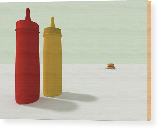 Unhealthy Eating Wood Print featuring the digital art Ketchup And Mustard And A Hamburger by Yagi Studio