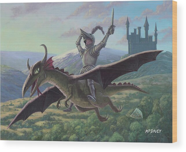 Knight Wood Print featuring the painting Knight Riding On Flying Dragon by Martin Davey