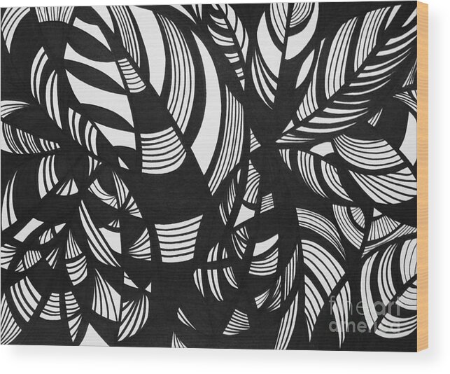 Black And White Wood Print featuring the drawing Leaves by Lynellen Nielsen
